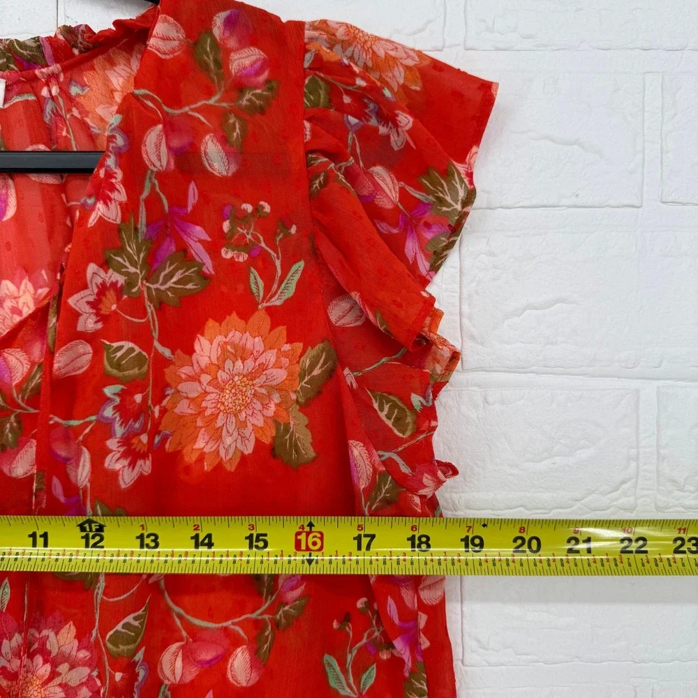 Rose + Olive Floral Blouse Women Size L Red Flutter Sleeve Tassel Tie Top Boho